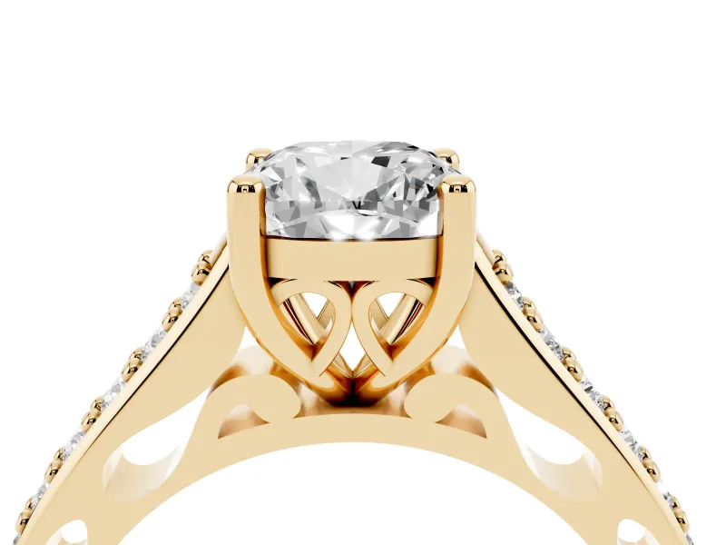 Cushion Cut Diamond Prong Set Solitaire Engagement Ring Set in Yellow gold with Pavé Band