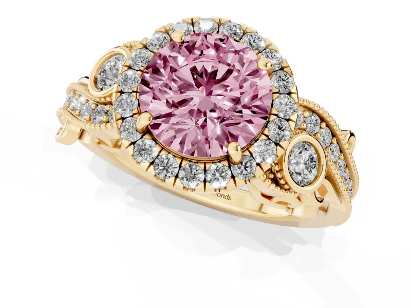 Round Vintage Halo Engagement Ring Setting for a Fancy Pink Lab-Grown Diamond | Yellow Gold