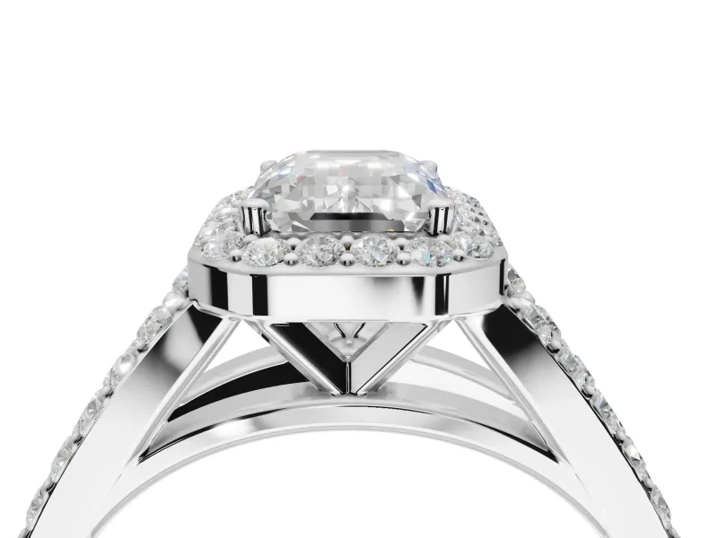Emerald Cut Halo Pavé Engagement Ring Setting | Narrow Split Shank | Platinum