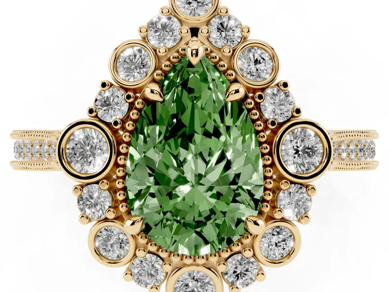 Fancy Green Pear Cut Diamond Halo Milgrain Pavé Ring Set in Yellow gold with Prong Setting