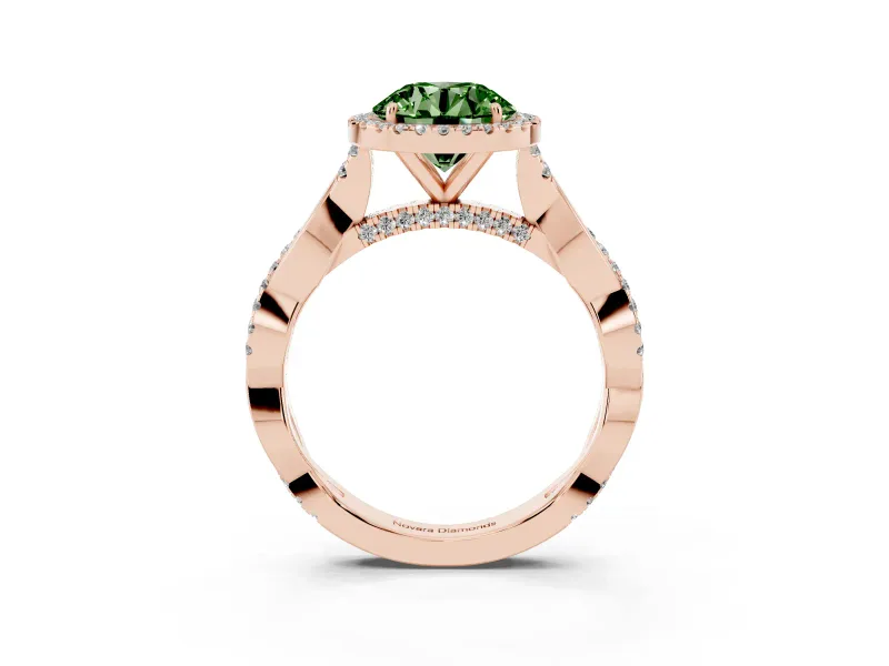 Round Halo Engagement Ring Setting for a Fancy Green Lab-Grown Diamond | Pavé Twist Band | Rose Gold