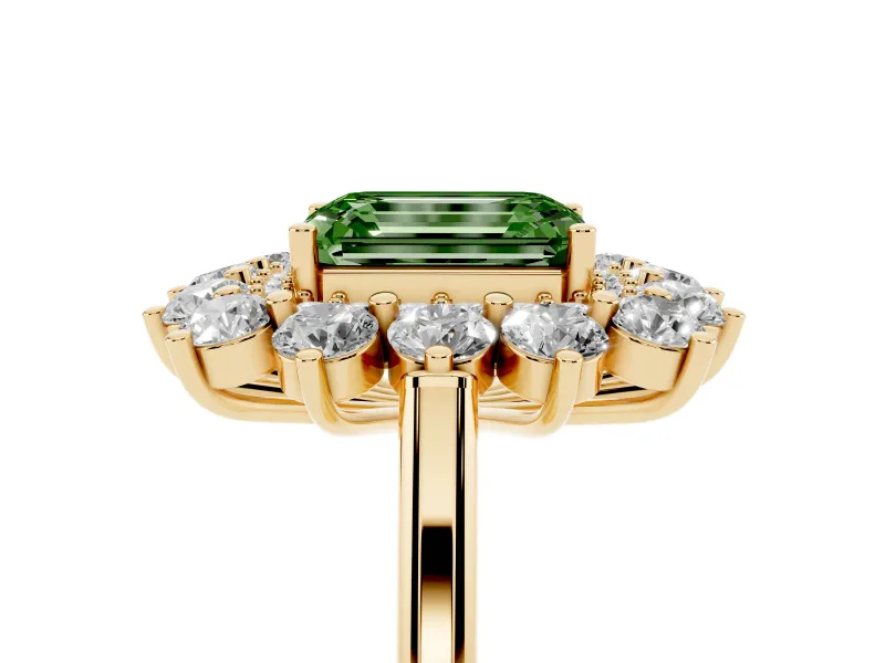 Emerald Cut Floral Double Halo Engagement Ring Setting for a Fancy Green Lab-Grown Diamond | Plain Band | Yellow Gold