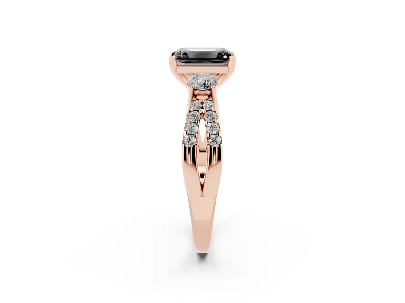 Emerald Cut Three Stone Engagement Ring Setting for a Black Center | Pavé Split Shank | Rose Gold
