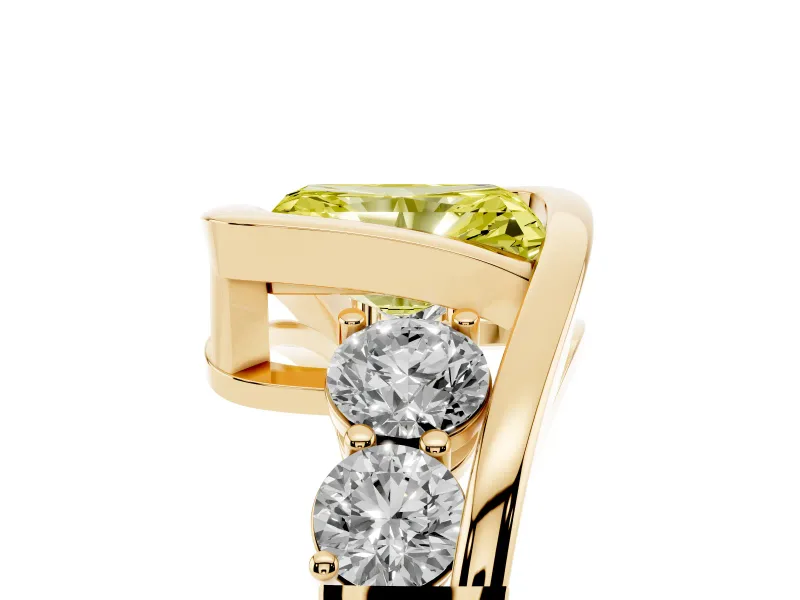 Fancy Yellow Radiant Cut Diamond Bezel Bypass Ring Set in Yellow gold with Round Accents