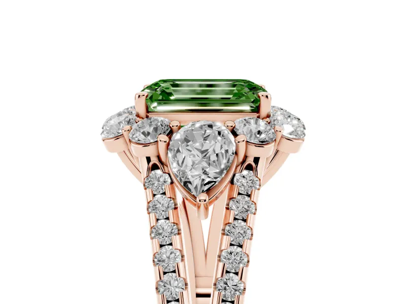 Fancy Green Emerald Cut Diamond Halo Split Shank Engagement Ring Set in Rose gold with Prong-Held Center Stone