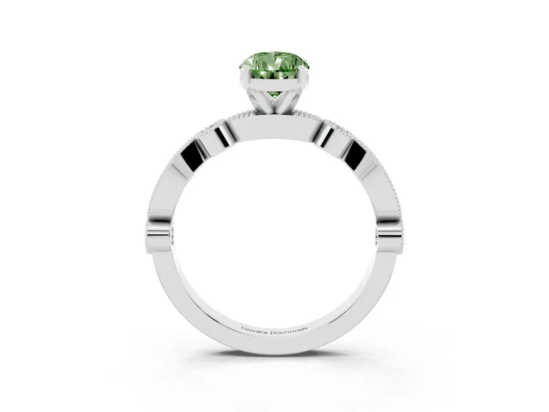 Fancy Green Pear Cut Diamond Solitaire Engagement Ring Set in White gold with Milgrain Bezel Accent Band