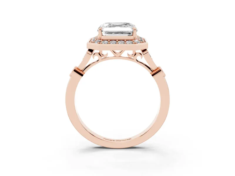 Asscher Cut Vintage Halo Engagement Ring Setting | Bezel Station Shoulders | Rose Gold