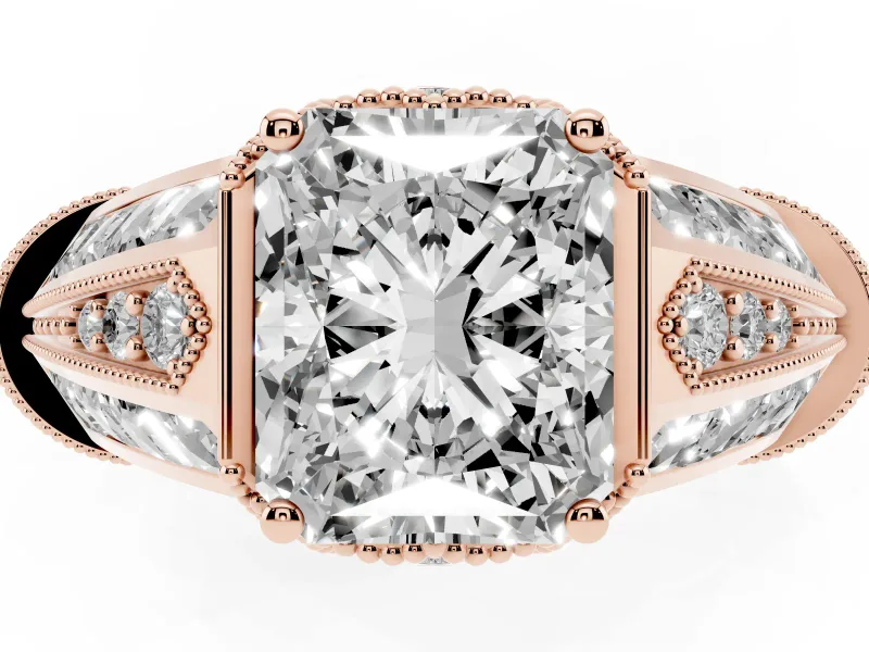 Radiant Cut Vintage Milgrain Hidden Halo Engagement Ring Setting | Channel-Set Shoulders | Rose Gold