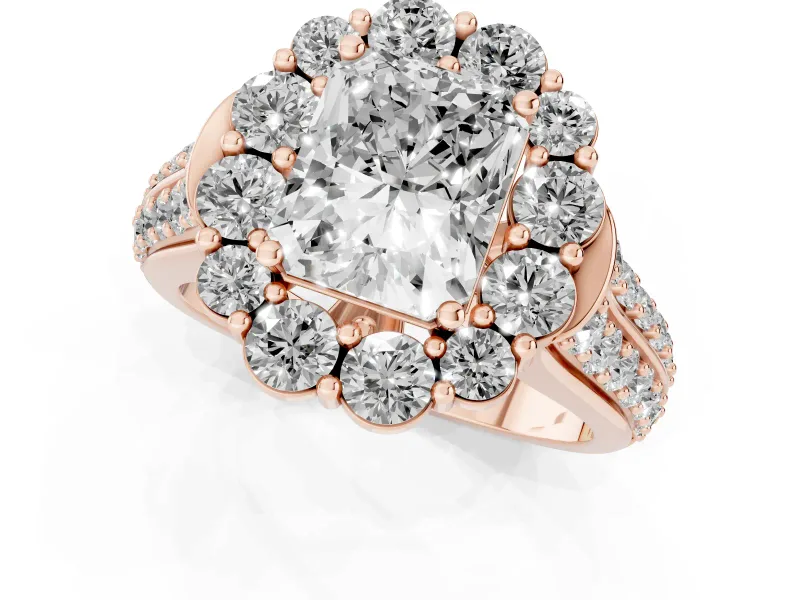 Radiant Cut Diamond Halo Engagement Ring Set in Rose gold with Split Shank and Prong Setting