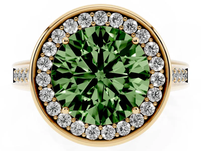 Fancy Green Round Cut Diamond Halo Solitaire Ring Set in Yellow gold with Pavé Band and Bezel Setting
