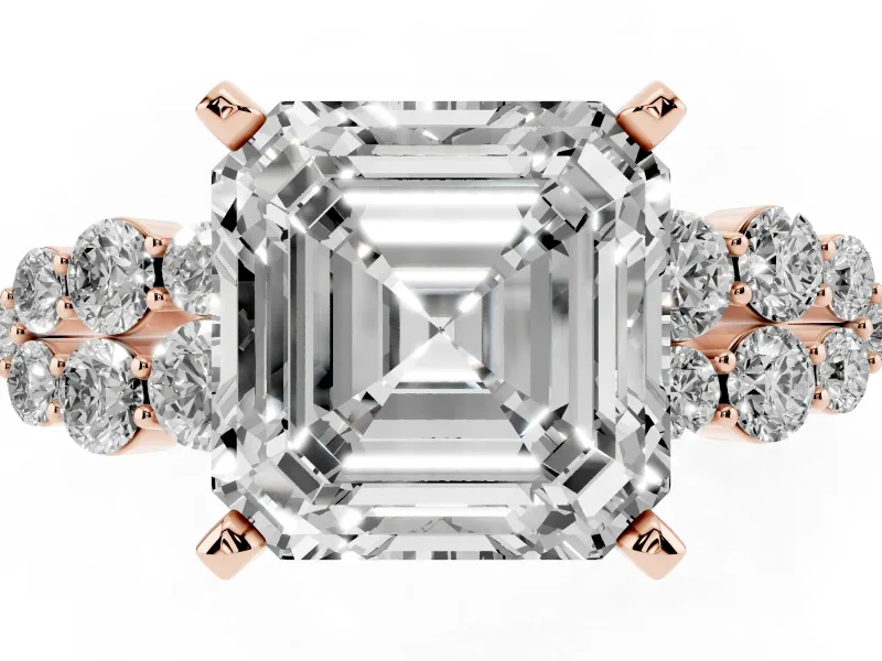 Asscher Cut Side Stone Engagement Ring Setting | Two-Row Shoulder Clusters | Rose Gold