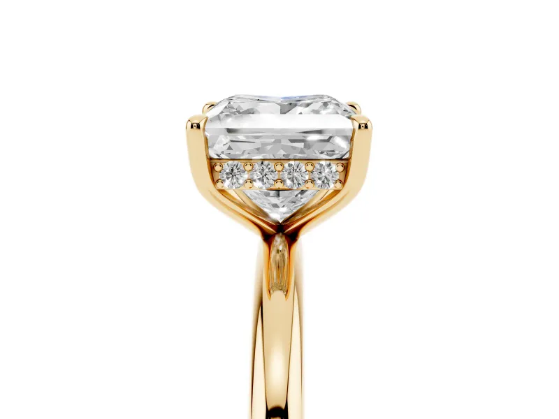 Princess Cut Hidden Halo Engagement Ring Setting | Thin Plain Band | Yellow Gold