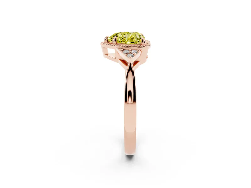 Fancy Yellow Heart Cut Diamond Milgrain Solitaire Ring Set in Rose gold with Tapered Pavé Band and Prong Setting