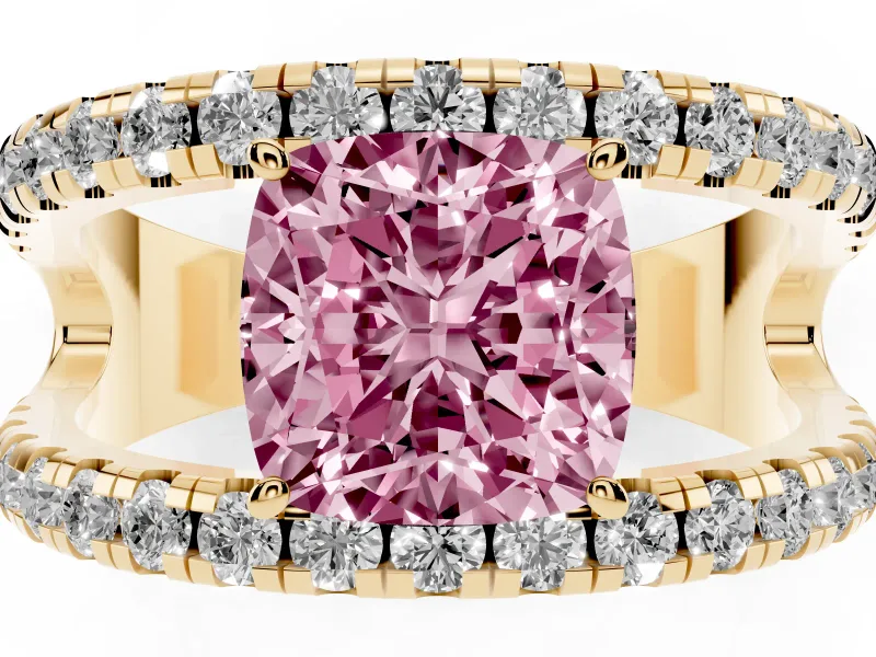 Cushion Cut Pavé Engagement Ring Setting for a Fancy Pink Lab-Grown Diamond | Yellow Gold - Design NV-24679