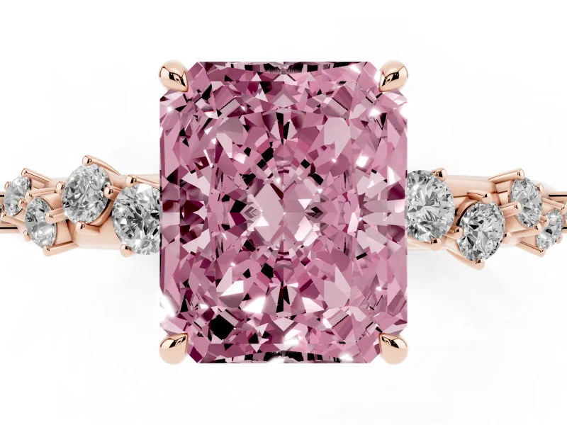 Fancy Pink Radiant Cut Diamond Cluster Solitaire Ring Set in Rose gold with Prong Setting