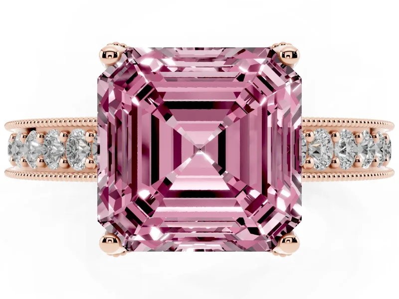 Asscher Cut Hidden Halo Engagement Ring Setting for a Fancy Pink Lab-Grown Diamond | Milgrain Pave | Rose Gold