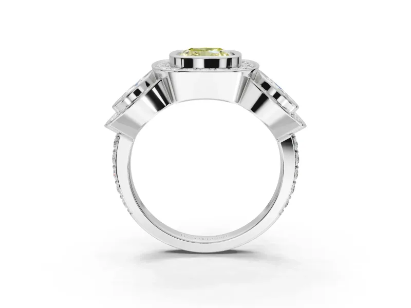 Cushion Cut Three Stone Halo Engagement Ring Setting for a Fancy Yellow Lab-Grown Diamond | Bezel Set | Sterling Silver