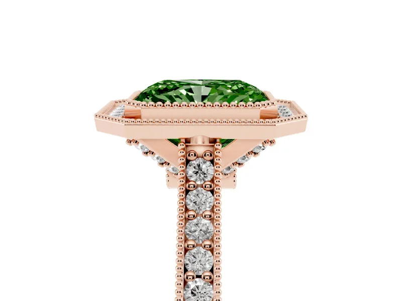 Radiant Cut Vintage Milgrain Halo Engagement Ring Setting for a Fancy Green Lab-Grown Diamond | Bezel Head | Rose Gold