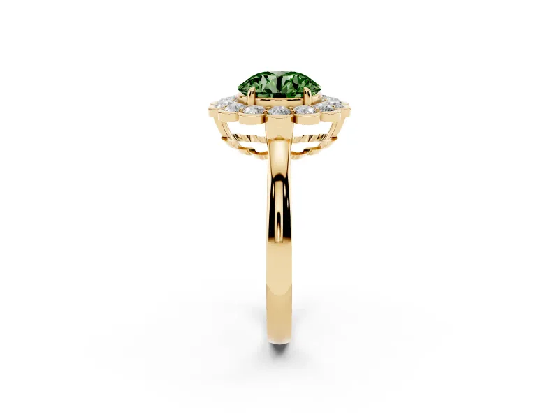 Round Scalloped Cluster Halo Engagement Ring Setting for a Fancy Green Lab-Grown Diamond | Plain Band | Yellow Gold