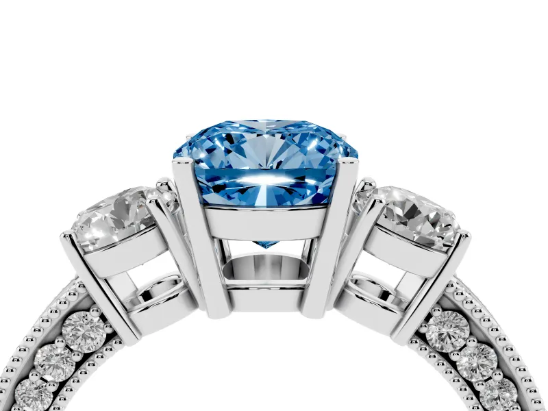 Cushion Cut Three Stone Engagement Ring Setting for a Fancy Blue Lab-Grown Diamond | Graduated Pave Band | Platinum