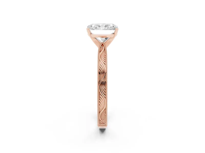 Radiant Cut Diamond Solitaire Milgrain Engraved Band Set in Rose gold with Prong Setting