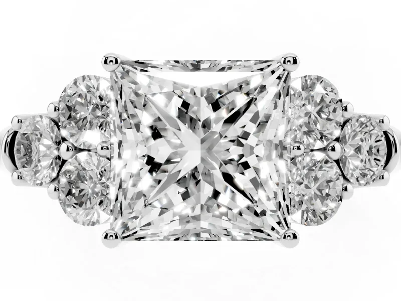 Princess Cut Diamond Cluster Ring Set in Silver with Round Accent Stones and Prong Setting on a Plain Band