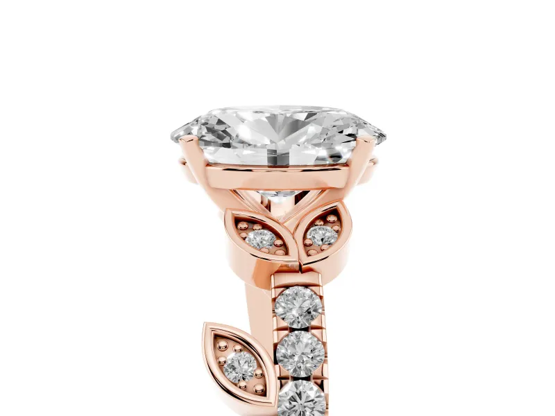Oval Cut Diamond Solitaire Leaf-Inspired Ring Set in Rose gold with Pavé Band and Prong Setting
