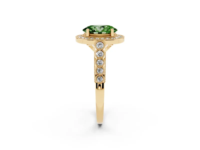 Fancy Green Oval Cut Diamond Milgrain Halo Solitaire Ring Set in Yellow gold with Bezel Set Side Stones and Pavé Band