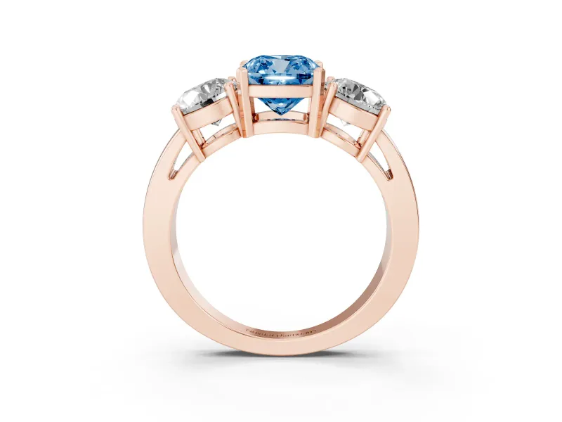 Cushion Cut Three Stone Engagement Ring Setting for a Fancy Blue Lab-Grown Diamond | Wide Plain Band | Rose Gold