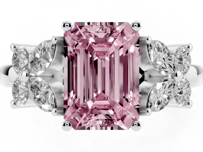 Fancy Pink Emerald Cut Diamond Floral Cluster Ring Set in Silver with Marquise Petals and Prong Setting