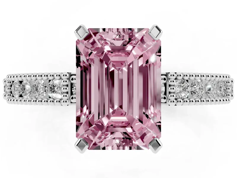 Fancy Pink Emerald Cut Diamond Solitaire Ring Set in Platinum with Slim Pavé Band and Prong Setting