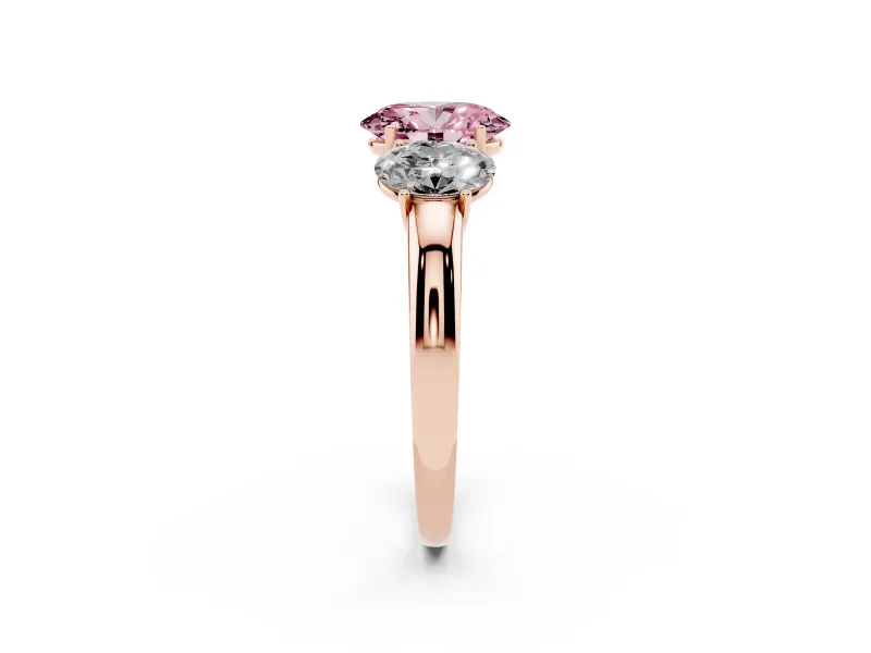 Oval Three Stone Engagement Ring Setting for a Fancy Pink Lab-Grown Diamond | Matching Side Stones | Rose Gold