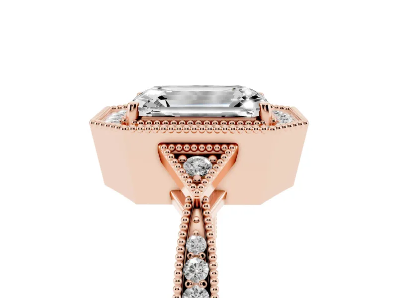 Emerald Cut Vintage Milgrain Halo Engagement Ring Setting | Graduated Pavé Band | Rose Gold