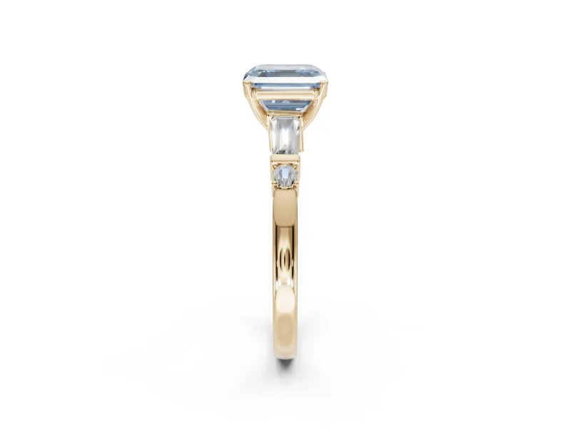 Asscher Cut Tapered Baguette Engagement Ring Setting for a Fancy Blue Lab-Grown Diamond | Bar Set Sides | Yellow Gold
