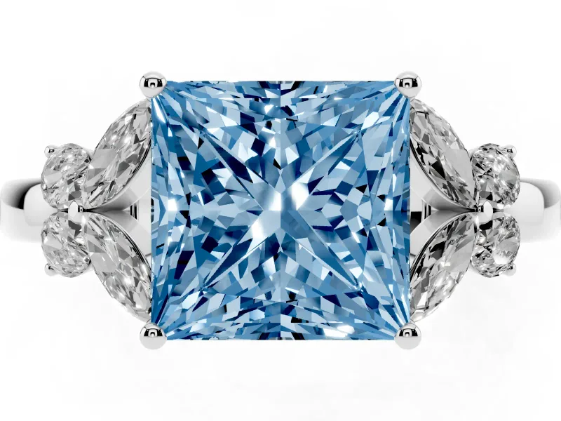 Fancy Blue Princess Cut Diamond Solitaire Floral Ring Set in Platinum with Marquise Petals and Prong Setting