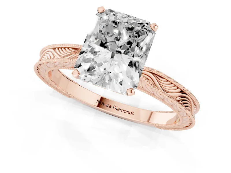 Radiant Cut Diamond Solitaire Milgrain Engraved Band Set in Rose gold with Prong Setting