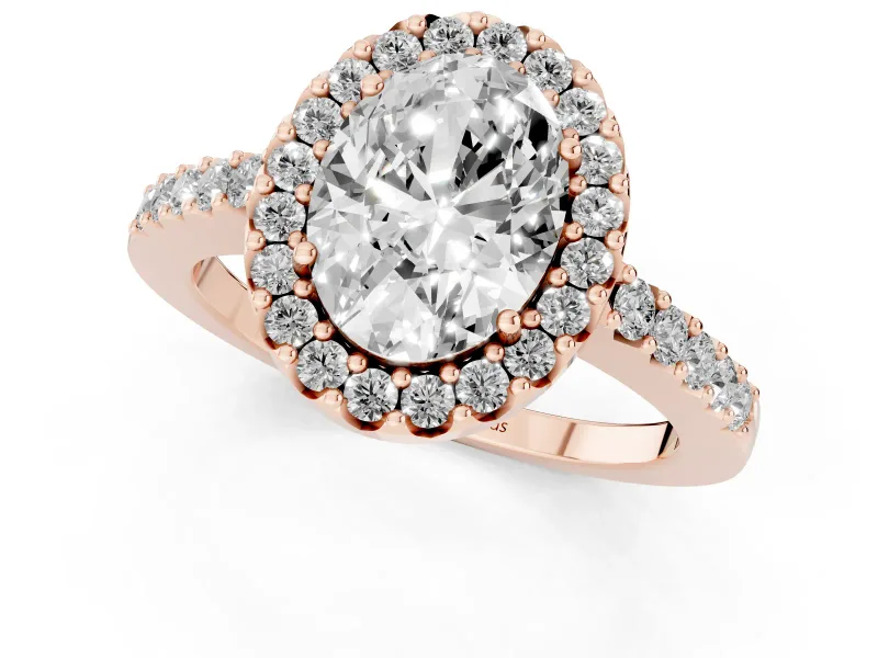 Oval Cut Diamond Halo Pavé Solitaire Ring Set in Rose gold with Prong-Set Center Stone