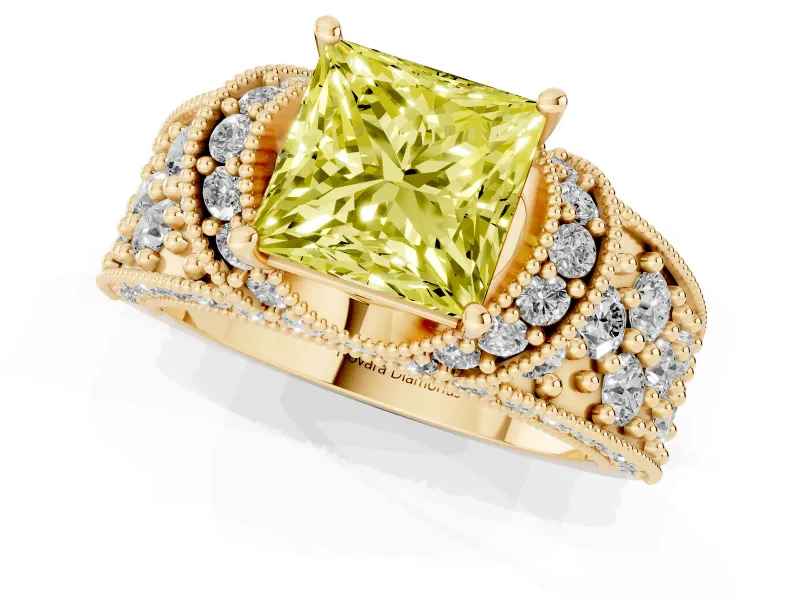 Princess Cut Vintage Pave Engagement Ring Setting for a Fancy Yellow Lab-Grown Diamond | Milgrain Edges | Yellow Gold