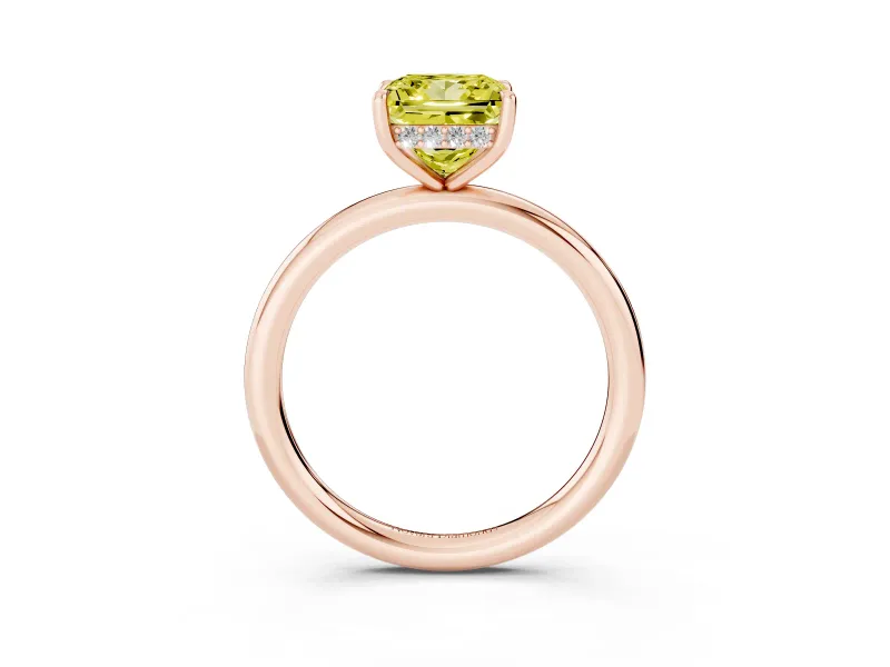 Fancy Yellow Princess Cut Diamond Solitaire Ring Set in Rose gold with Thin Band and Prong Setting