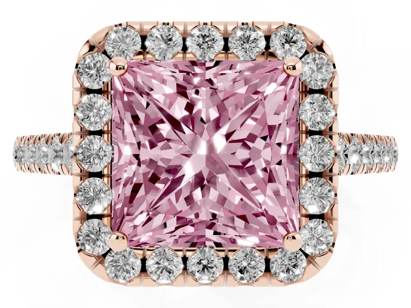 Princess Cut Halo Engagement Ring Setting for a Fancy Pink Lab-Grown Diamond | Pave Shoulders | Rose Gold