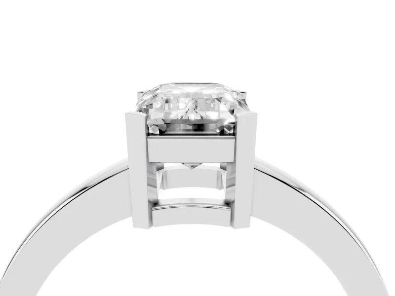 Emerald Cut Diamond Solitaire Ring Set in White gold with Prong Head and Smooth Polished Band