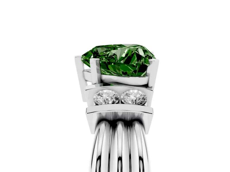 Fancy Green Three-Stone Heart Cut Diamond Channel Set Ring Set in White gold with Bar Prongs
