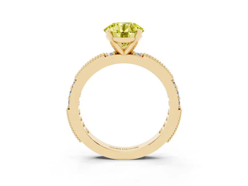 Fancy Yellow Round Cut Diamond Solitaire Ring Set in Yellow gold with Slim Pavé Band and Prong Setting