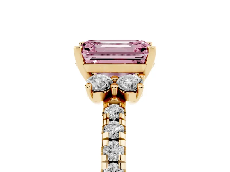 Emerald Cut Side Stone Engagement Ring Setting for a Fancy Pink Lab-Grown Diamond | Pave Band | Yellow Gold