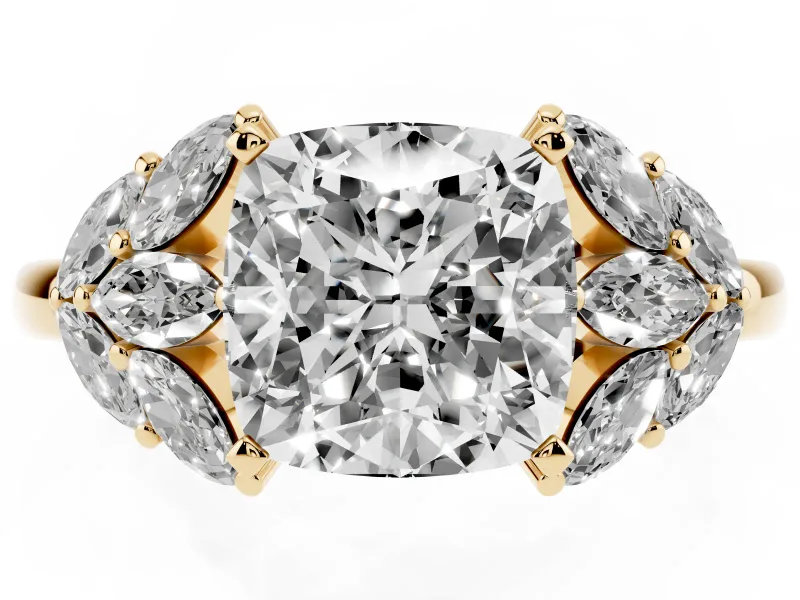 Cushion Cut Leaf Cluster Engagement Ring Setting | Yellow Gold