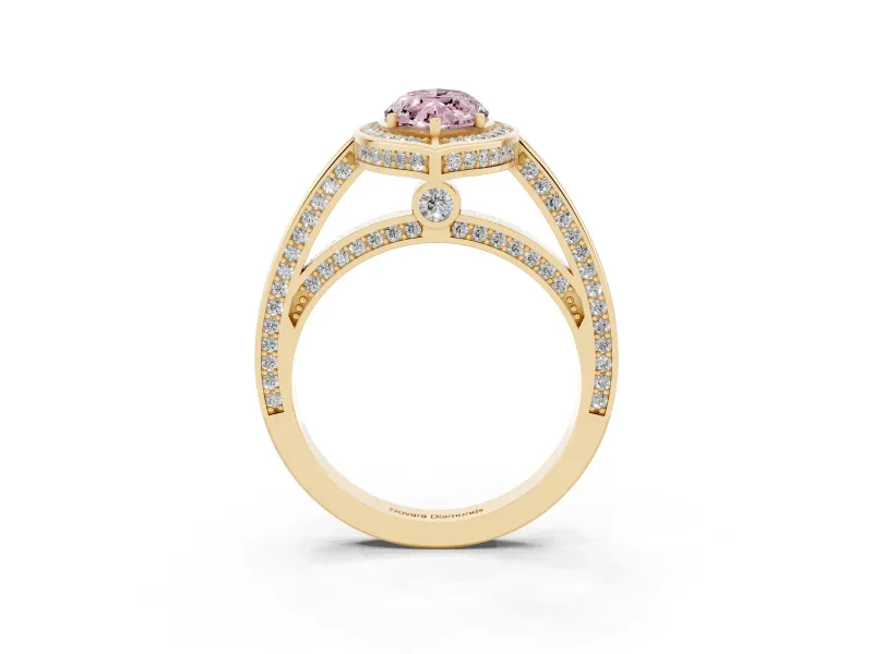 Fancy Pink Marquise Cut Diamond Halo Pavé Split Shank Ring Set in Yellow gold with Prong Setting