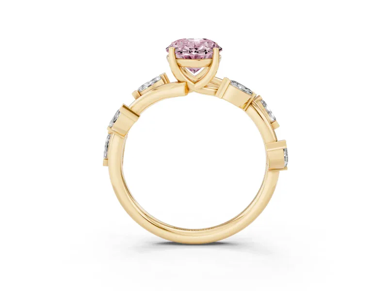 Fancy Pink Oval Cut Diamond Solitaire Ring Set in Yellow gold with Twisted Marquise Accent Band