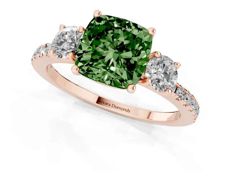 Cushion Cut Three Stone Engagement Ring Setting for a Fancy Green Lab-Grown Diamond | Pave Shoulders | Rose Gold