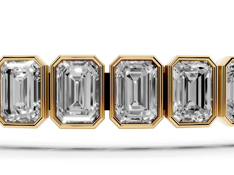 Emerald Cut Lab-Grown Diamond North-South Bezel Tennis Bracelet | Stepped Rims | Yellow Gold