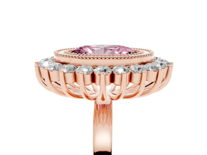 Fancy Pink Oval Cut Diamond Halo Ring Set in Rose gold with Milgrain Edge and Round Prong Setting